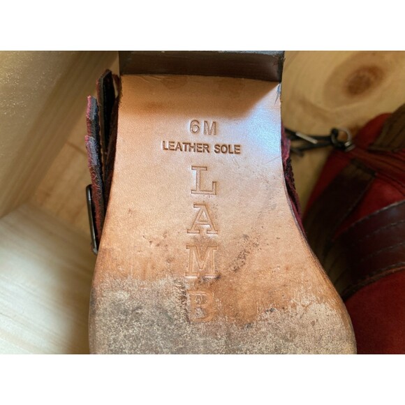 L.A.M.B. Nanetta Merlot Suede & Leather Strap Hearts Buckle Ankle Booties Size 6 - Picture 9 of 12